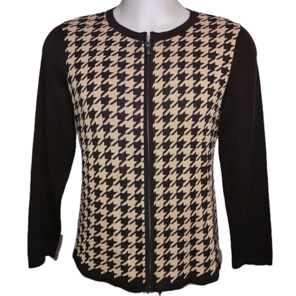 Talbots Cardigan Sweater Women's Size XLarge Full Zip Houndstooth Long Sleeve